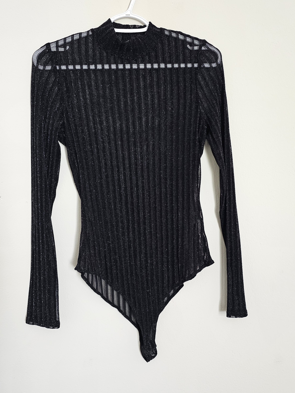 Black Sheer Ribbed Long-Sleeve Bodysuit